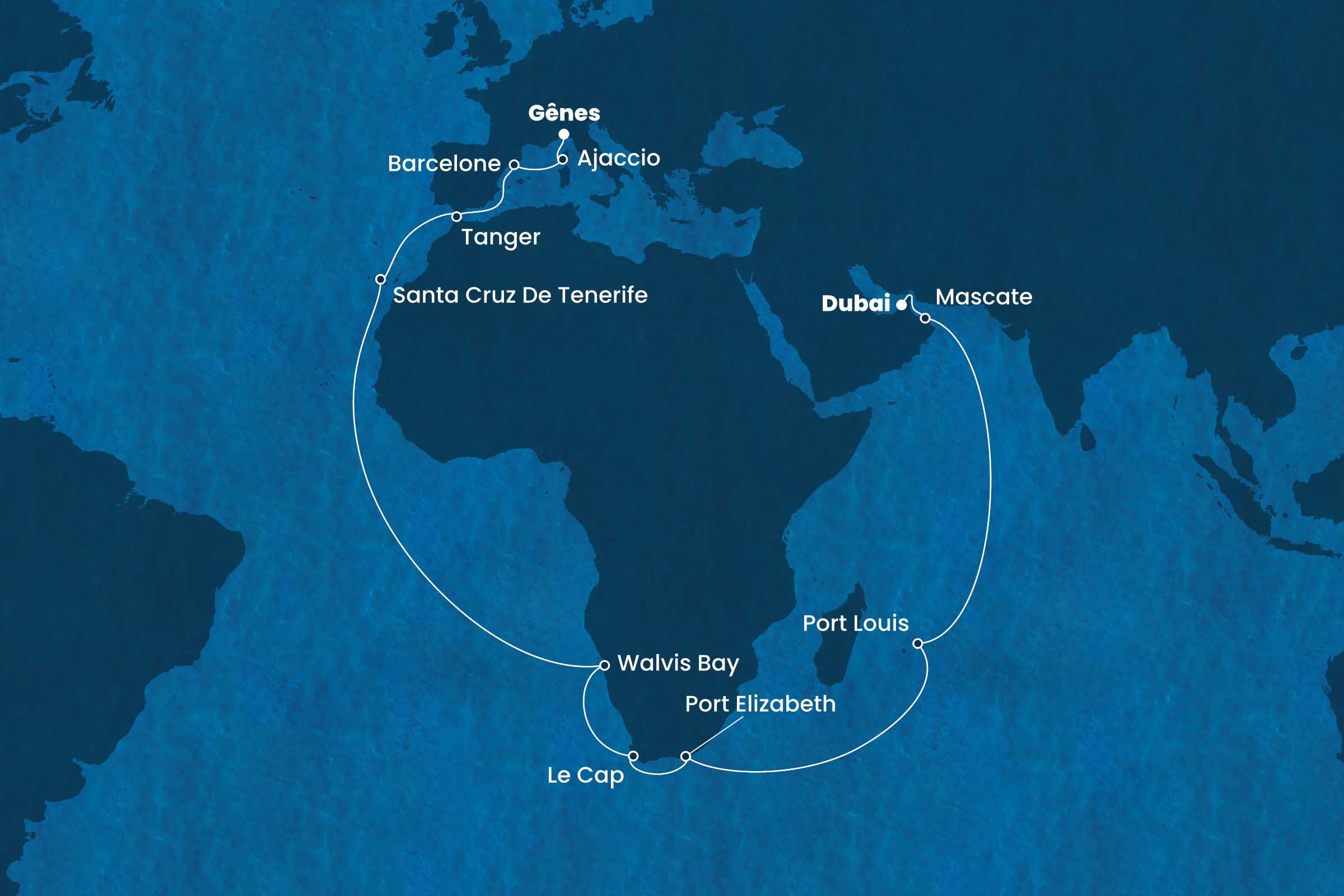 carte *Voyage d'Émerveillement : Entre Rêves et Horizons Infinis depuis Dubaï, 38 Jours